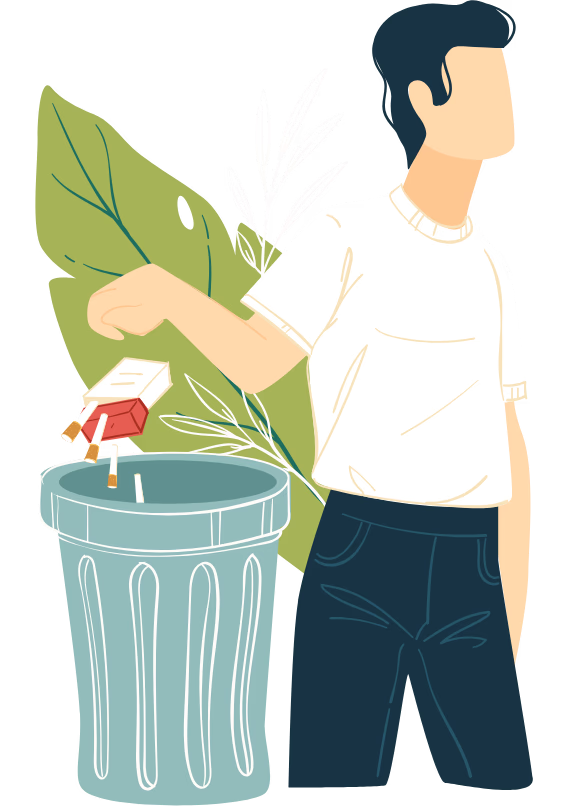 Illustration of a man throwing cigarettes into a trash can